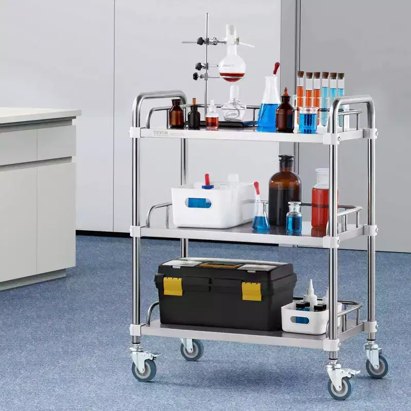 3-Shelf Stainless Steel Rolling Lab Cart with Guardrails and Swivel Casters 220 lbs Capacity Dental Utility Medical Trolley 26x16x34 Inch