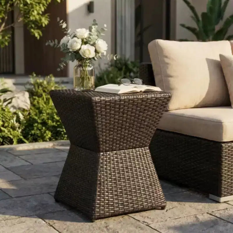Outdoor Wicker Side Table with Iron Frame, Weather-Resistant, Lightweight, No Assembly Required, 16.25x16.25x18, Perfect for Patio & Home Decor