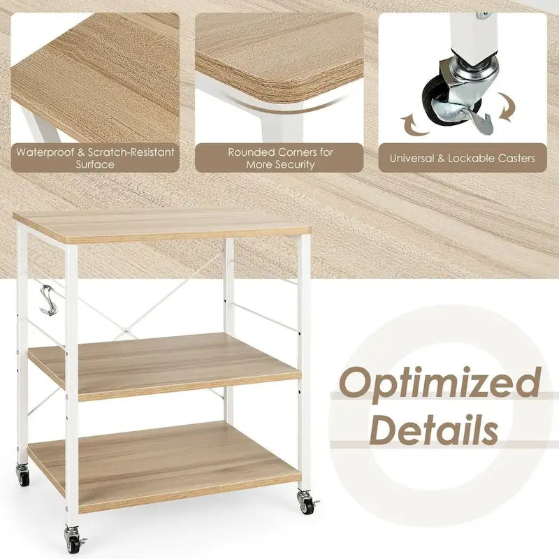 Rustic Brown 3-Tier Rolling Baker's Rack Microwave Cart with S-Hooks
