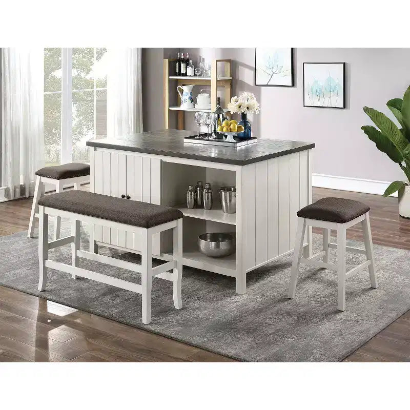 Upholstered Counter Height Bench in Off-White and Dark Gray
