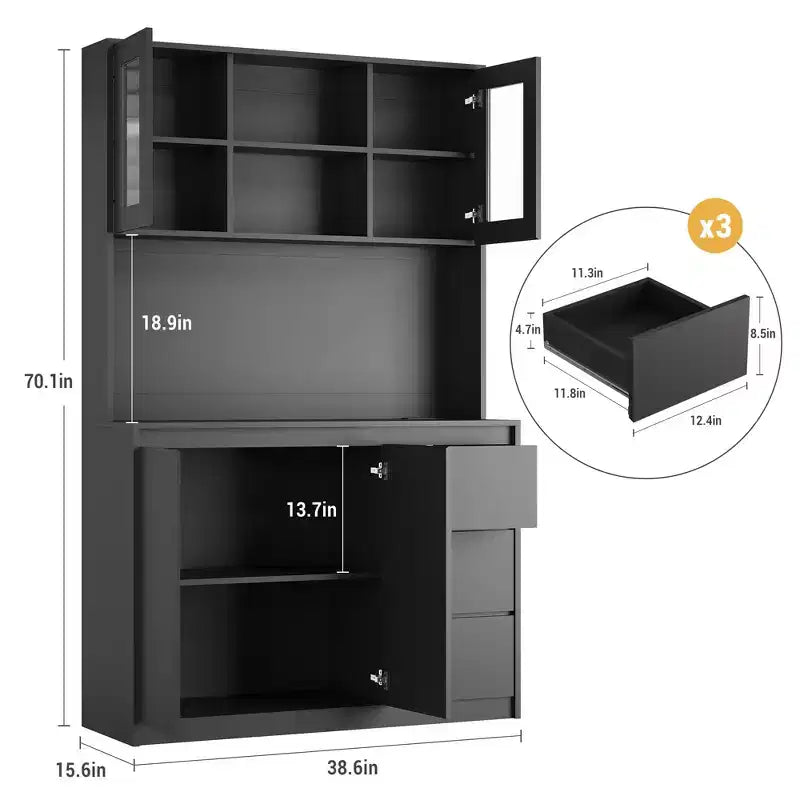 71 Tall Kitchen Pantry Cabinet with LED Lights, Power Outlets & Glass Door