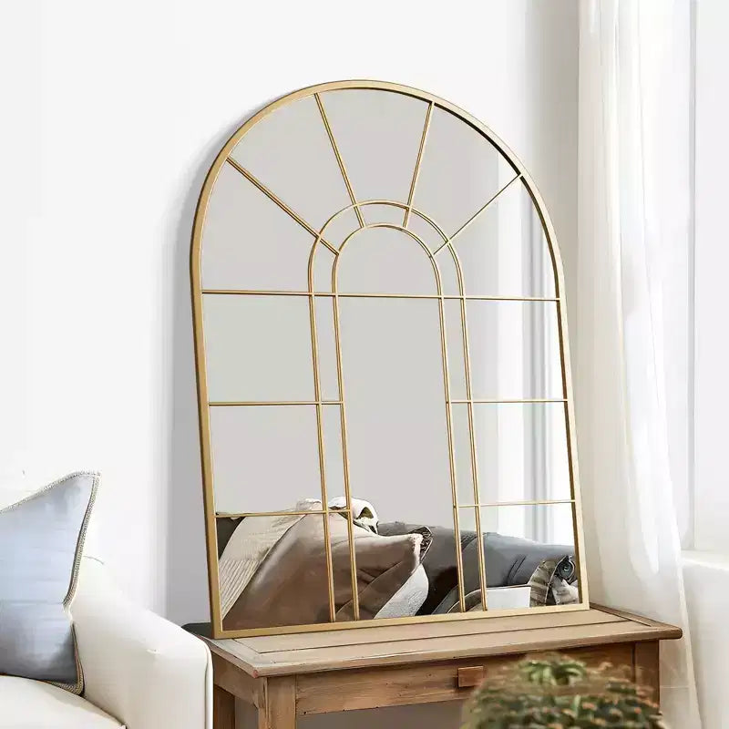 Golden Grid Wall Mirror with Right Angle Double Arch, Iron Art Design