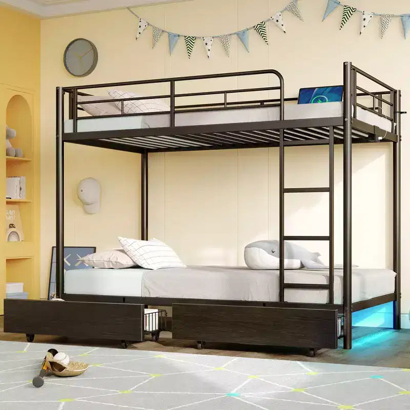 Metal Bunk Bed with Storage Drawers, Charging Station and LED Light - Safety Guardrail & Ladders