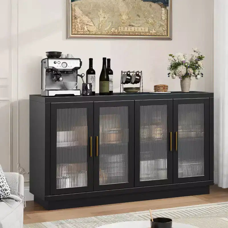 55.1 Buffet Cabinet with 4 Fluted Glass Doors, Kitchen Buffet Storage Cabinets Coffee Bar with Adjustable Shelves for Dining Room, Living Room