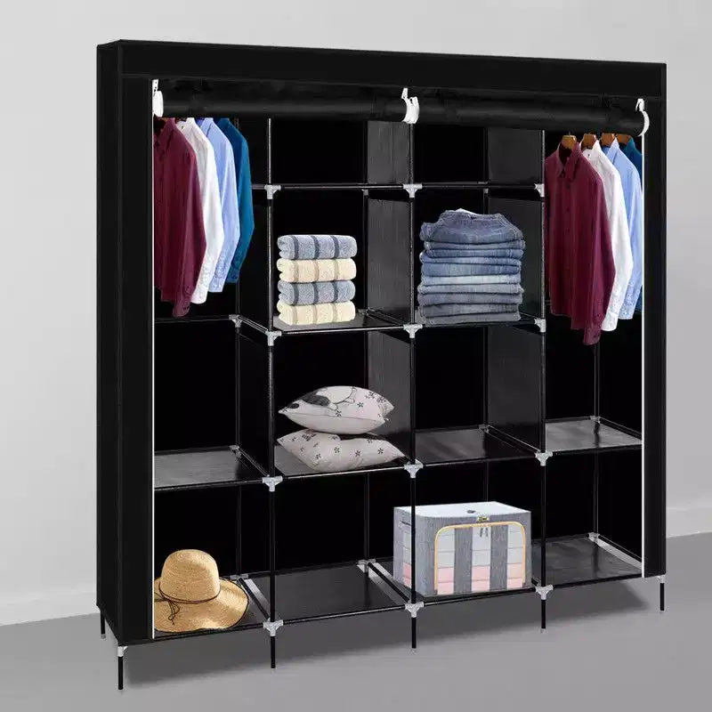 12-Cube Portable Closet Wardrobe with 2 Hanging Rods & 4 Side Pockets, 4-Tier Non-Woven Fabric Storage Organizer Black