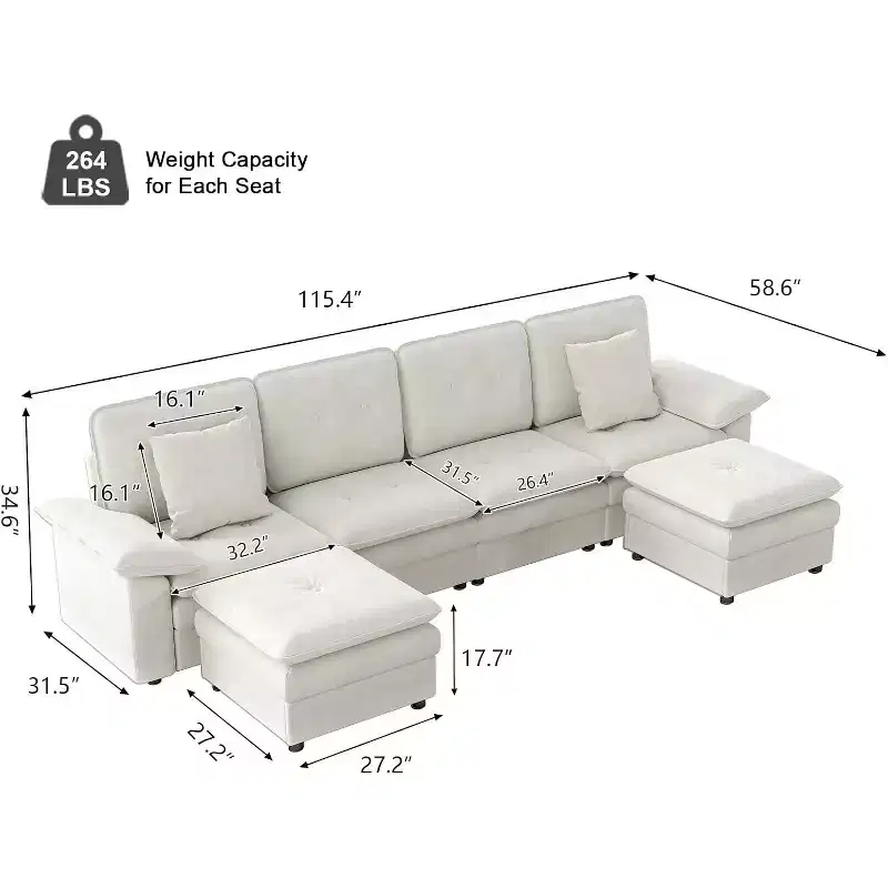 Kinsuite 6-Seat Sectional Sofa - 117 L Modern Couch with 2 Ottomans, Beige
