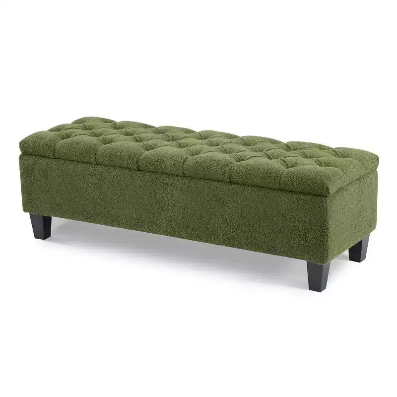 Zeus & Ruta 51'' Green Boucle Fabric Storage Ottoman Bench with Button Tufting & Rubber Wood Legs