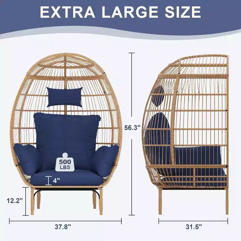 GustoWave Wicker Egg Chair,Oversized Indoor Outdoor Lounger for Patio for Backyard, Living Room, w/5 Cushions, Steel Frame