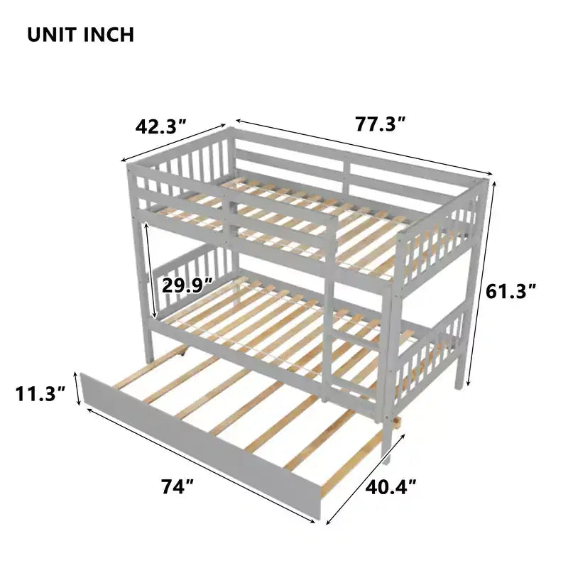 Twin Over Twin Modern Wood Bunk Bed with Trundle, Convertible into 2 Beds